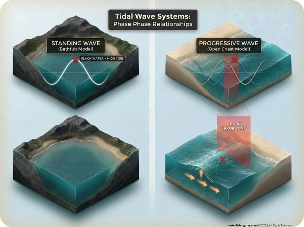 Infographic comparing standing and progressive tidal waves with labeled phase relationships and slack water timing error zones