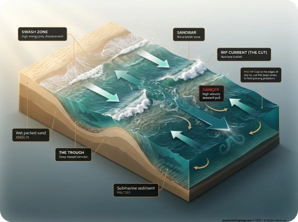 Infographic showing beach surf zone structure with labeled sandbar, trough, rip current, and predator ambush zones