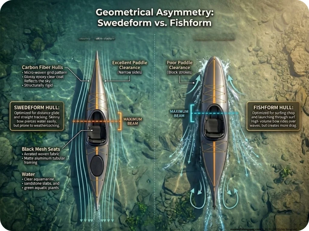 Infographic showing top-down comparison of Swedeform and Fishform kayak hulls with beam width and water flow dynamics
