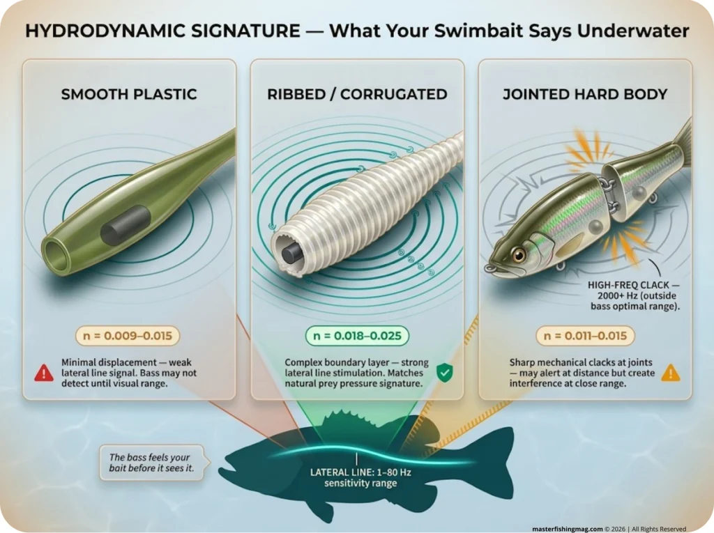 Infographic comparing three swimbait body profiles with boundary layer pressure rings, Manning's n-values, and bass lateral line detection range