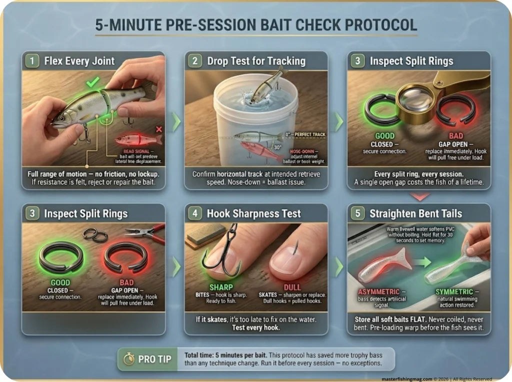 Infographic showing 5-step pre-session swimbait inspection protocol with joint flex test, drop test, split ring check, hook sharpness test, and tail repair