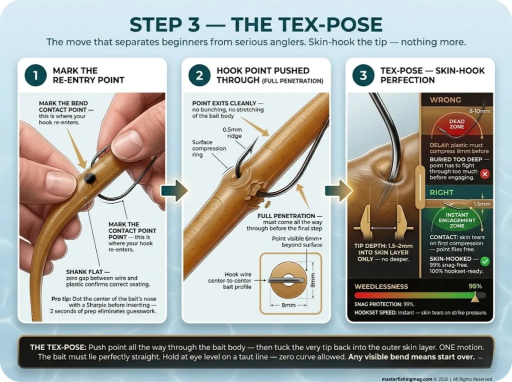 Infographic showing 3-step Tex-pose technique with hook point placement depth comparison and skin-hook vs buried-point comparison