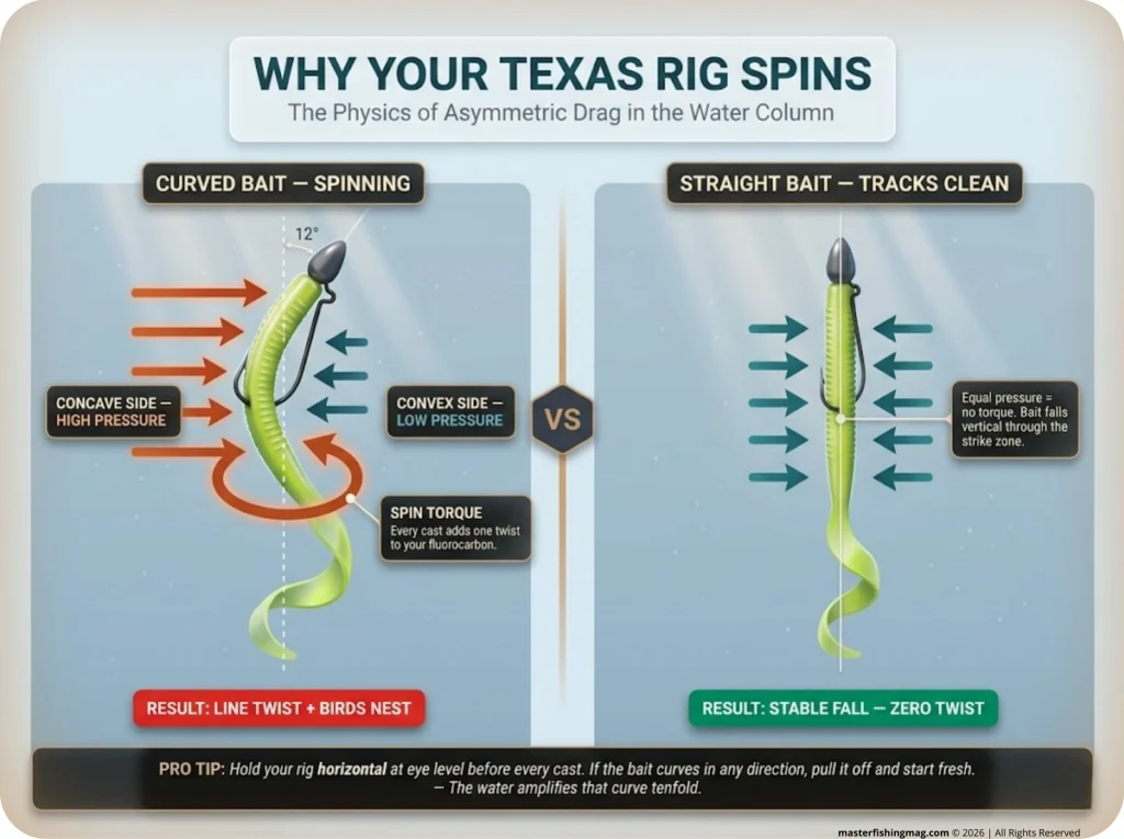 Infographic showing curved vs straight Texas rig bait in water with pressure zones, drag vectors, and spin direction labeled