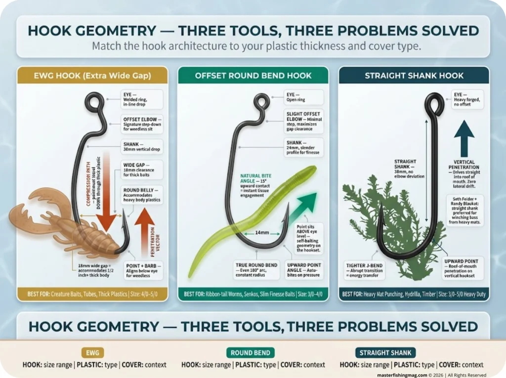 Infographic comparing EWG, Round Bend, and Straight Shank hooks with labeled anatomy, force arrows, and matching bait profiles