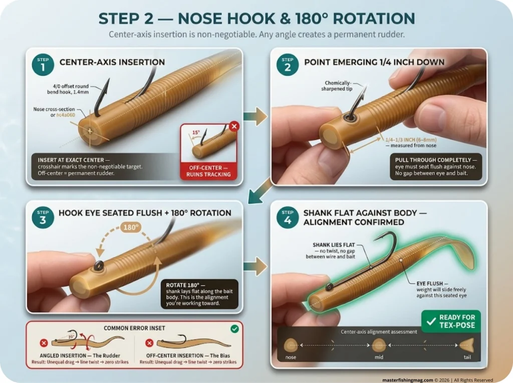 Infographic showing 4-step Texas rig nose hook insertion sequence with center-axis entry, rotation, and common error comparison