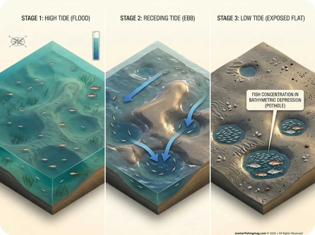 Infographic showing tidal flat draining stages with current arrows pushing bait into bathymetric pothole depressions