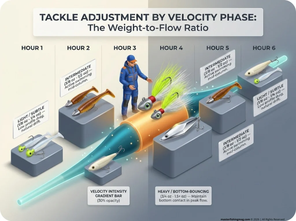 Infographic showing fishing lure weight selection matrix across six tidal hours with velocity intensity gradient