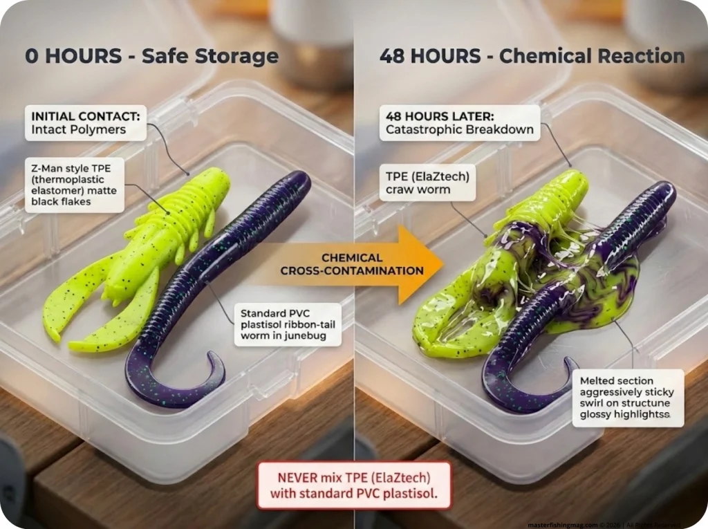 Macro infographic showing the chemical melting reaction when TPE and PVC fishing trailers are stored together over 48 hours