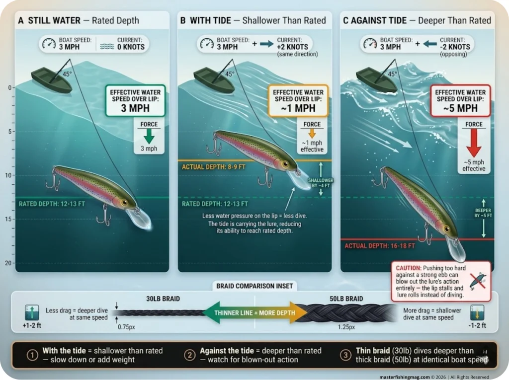 Infographic showing diving plug depth changes under three trolling conditions with effective water speed and braid comparison