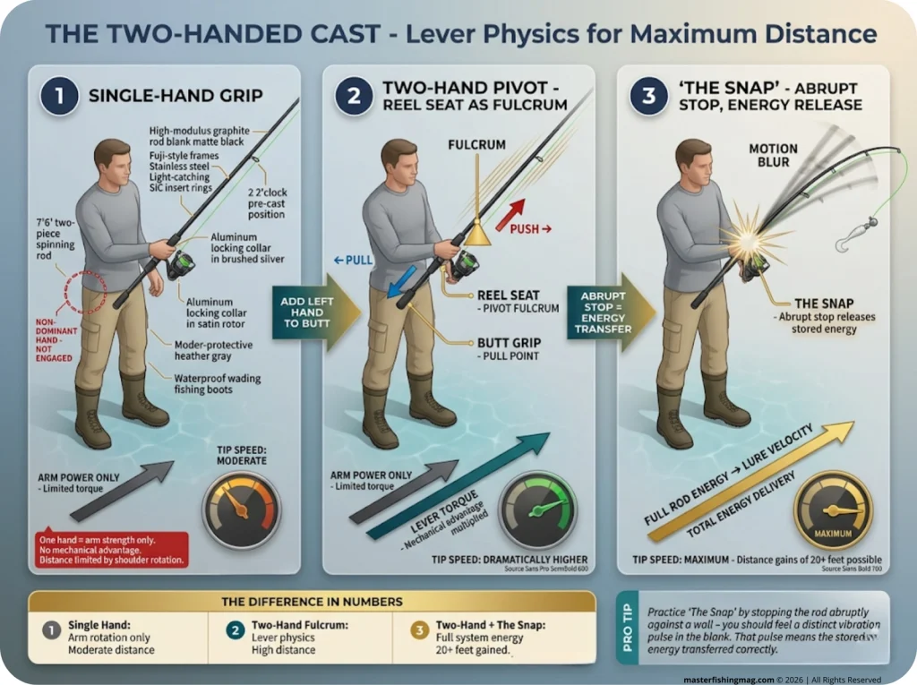 Infographic showing 3-step two-handed spinning cast sequence with single grip, fulcrum placement, and snap release with tip speed comparison