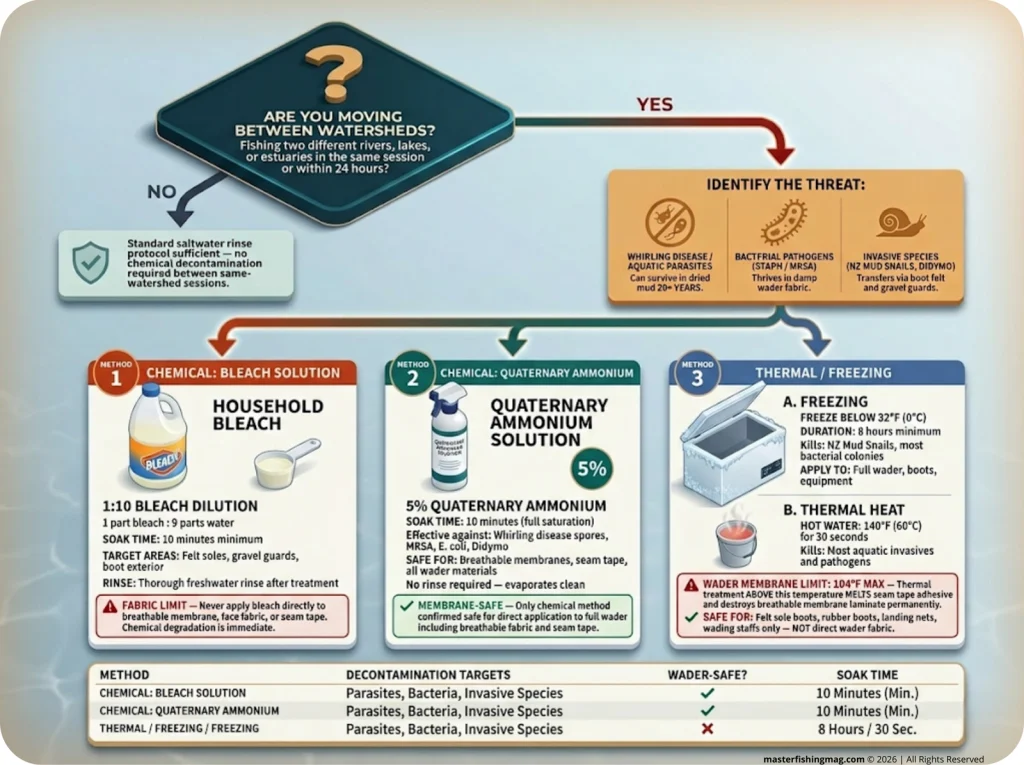 Infographic decision flowchart for wader decontamination between watersheds with bleach, quaternary ammonium, and freezing protocol details