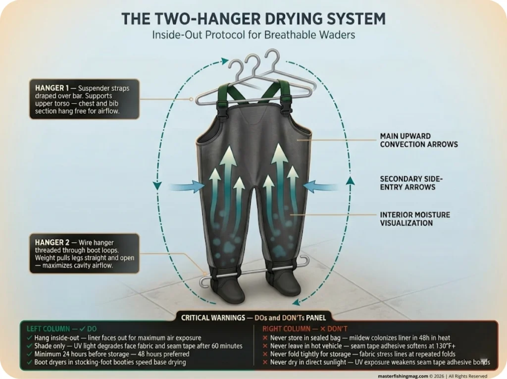 Infographic showing two-hanger wader drying system with labeled hanger positions, boot loop placement, and airflow arrows through open leg cavities