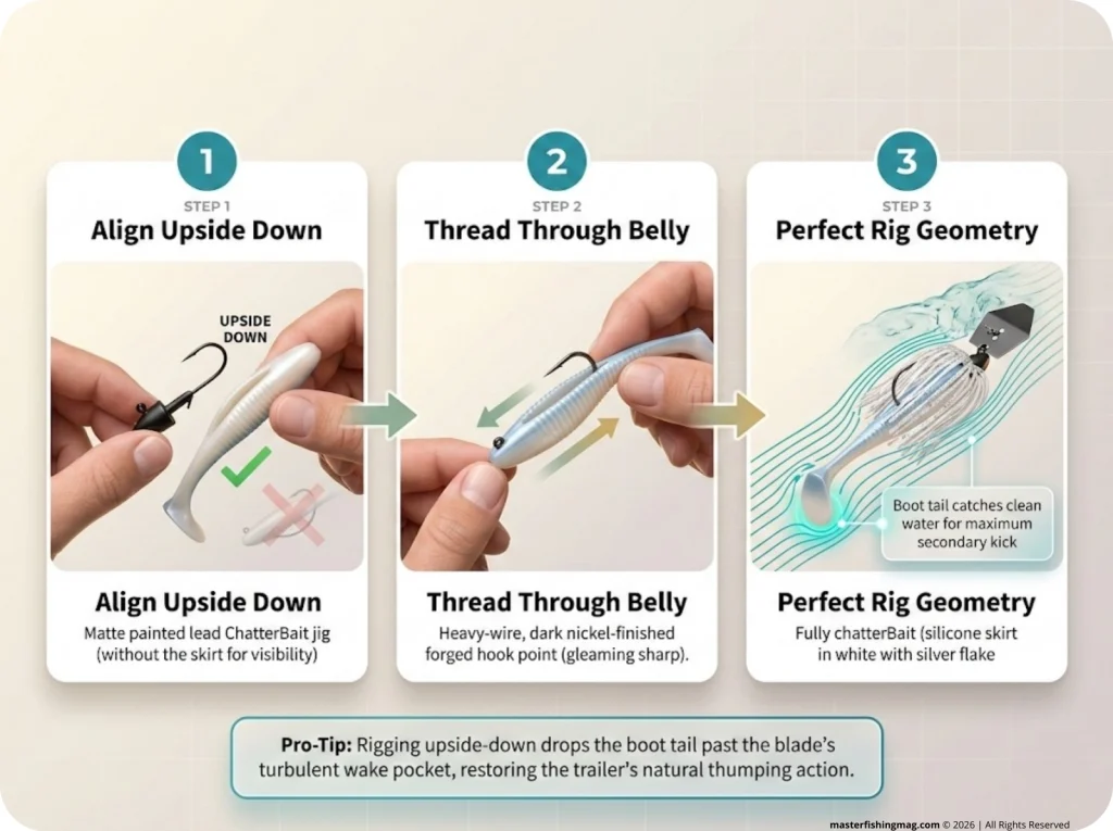 Infographic showing three-step upside-down rigging technique for paddletail swimbaits on bladed jigs to maximize vibration