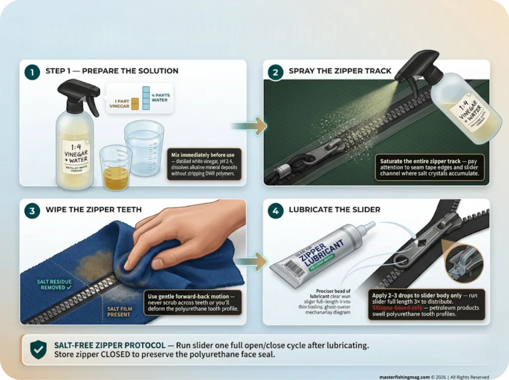 Infographic showing 4-step zipper cleaning process with vinegar spray, wiping technique, and silicone lubricant application for saltwater waders