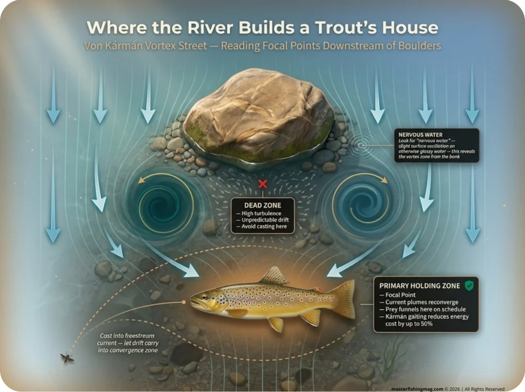 Infographic showing Von Kármán vortex street behind river boulder with focal point holding zone and current flow arrows