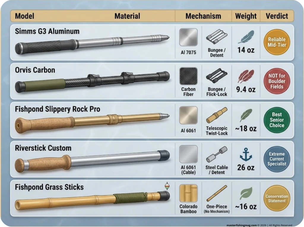 Infographic comparing 5 wading staff models with material, mechanism, weight specs, and senior angler verdict ratings