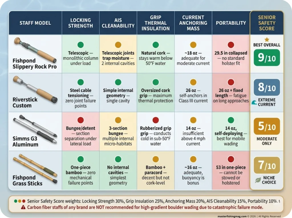 Infographic comparing 4 wading staffs across 6 scored criteria with senior safety composite rating and color-coded performance dots
