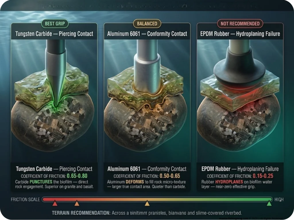 Infographic comparing carbide, aluminum, and rubber wading staff tips on algal biofilm with friction values and contact mechanics