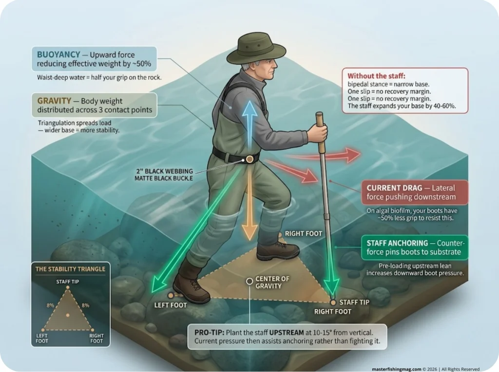 Infographic showing angler stability triangle with force vectors for buoyancy, gravity, drag, and staff anchoring in current
