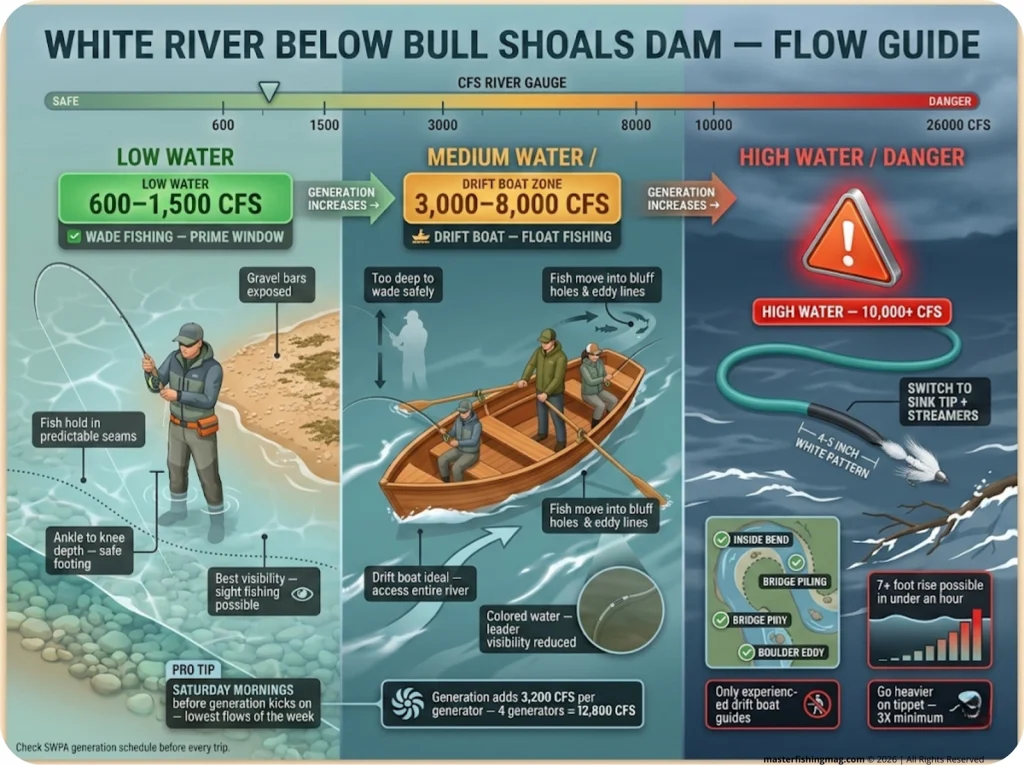 Infographic showing White River CFS flow zones — low water wading, medium drift boat, and high water danger with streamer tactics labeled