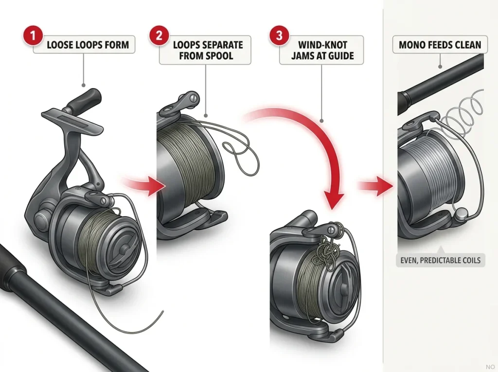 Process diagram showing how a wind-knot forms on a spinning reel with limp braid versus clean-feeding stiffer mono coils