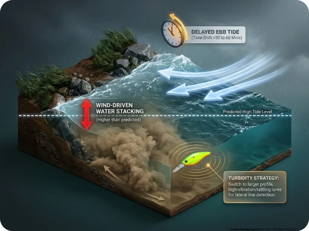 Infographic showing wind-tide stacking effects on water level, turbidity, and delayed ebb tide with lure suggestions