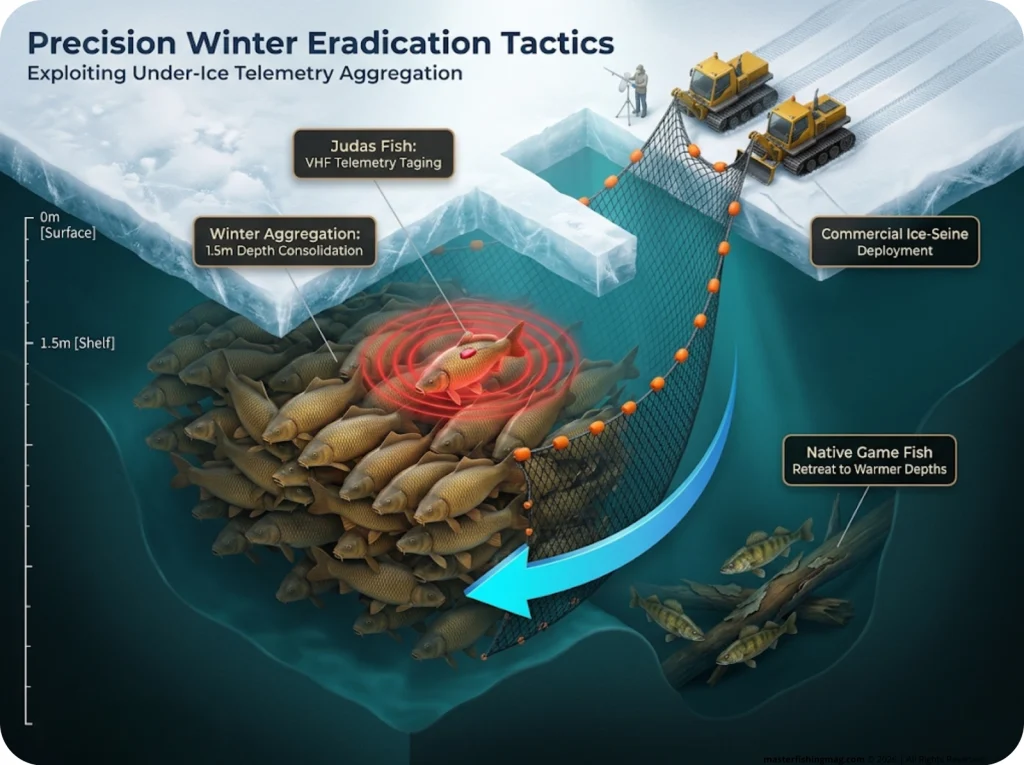 Infographic showing winter carp aggregation under ice with Judas Fish telemetry tracking and seine net deployment avoiding native deep-water fish