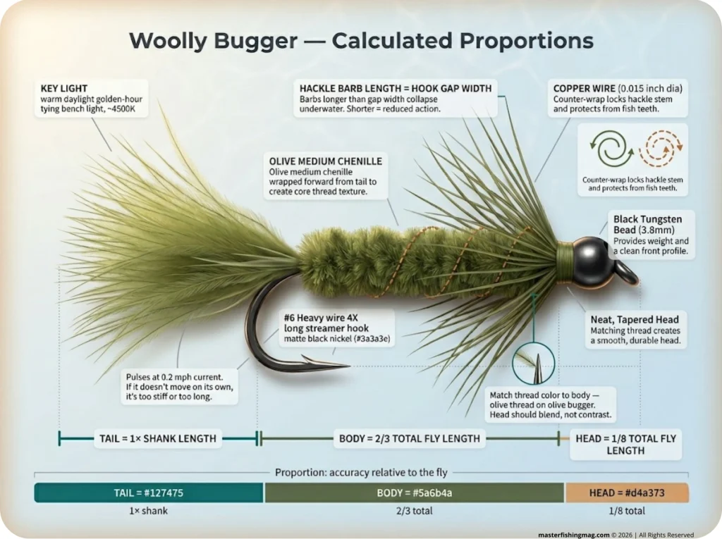 Infographic showing annotated Woolly Bugger proportions with labeled tail, body, head lengths and hackle-to-gap ratio