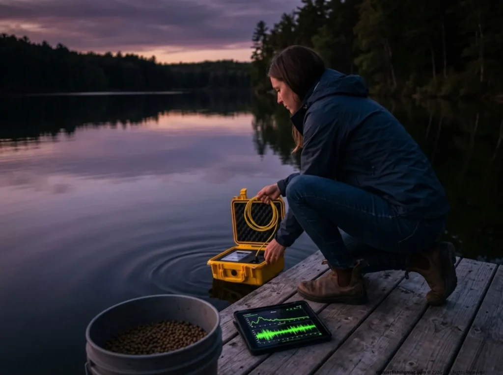 Behaviorist lowering an acoustic conditioning speaker into a lake.