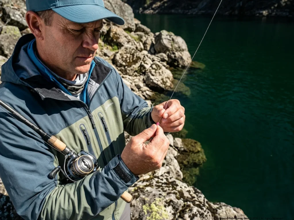 Angler adjusting a slip knot on a fishing line to achieve perfect depth control.