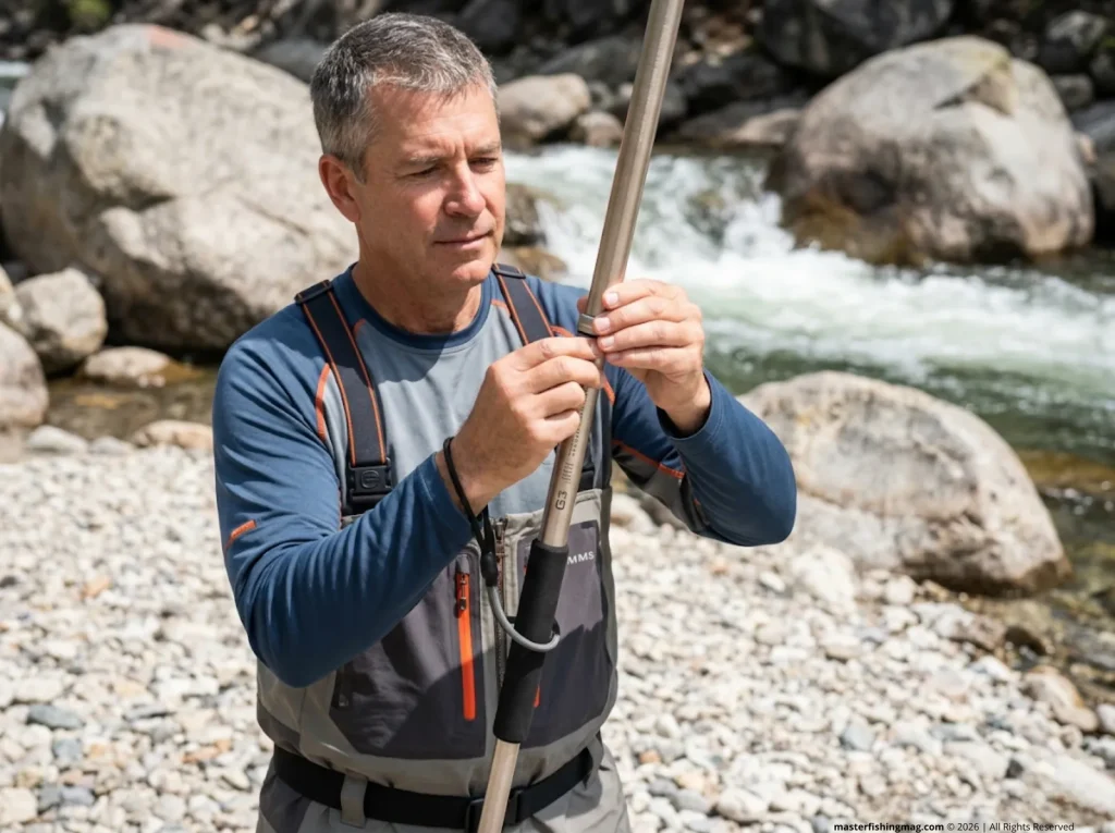 Angler inspecting aluminum wading staff shaft on riverside gravel bar showing material detail