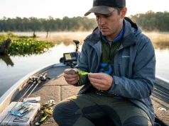 ChatterBait Trailer Selection and Rigging Guide (Tested) Angler rigging a Z-man JackHammer ChatterBait with a trailer on a bass boat.