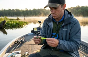 ChatterBait Trailer Selection and Rigging Guide (Tested) Angler rigging a Z-man JackHammer ChatterBait with a trailer on a bass boat.
