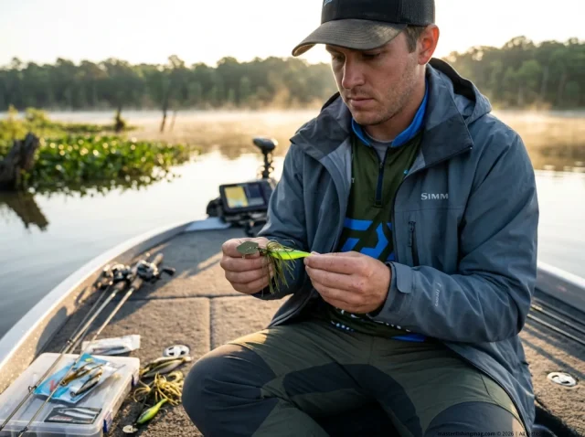 angler-rigging-chatterbait-trailer Angler rigging a Z-man JackHammer ChatterBait with a trailer on a bass boat.