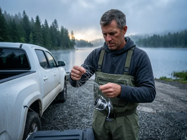 angler-stripping-old-fishing-line Angler stripping tangled old fishing line off a spinning reel for disposal