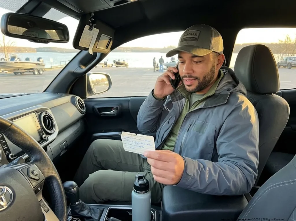 Angler calling fishing violation hotline from truck cab at boat ramp — anonymous reporting process