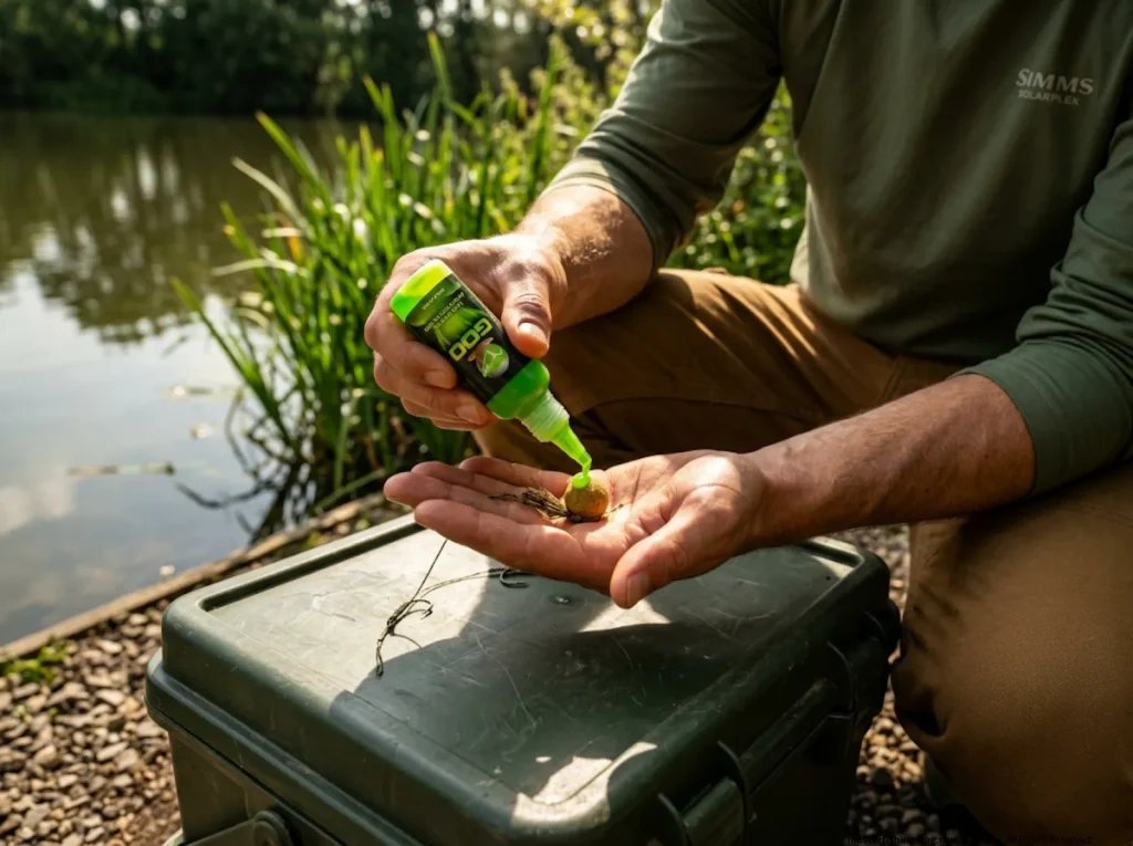 Applying liquid amino acid attractant to a carp fishing boilie rig.