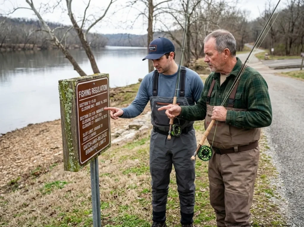Anglers reading Arkansas Ozarks catch release fishing regulation sign
