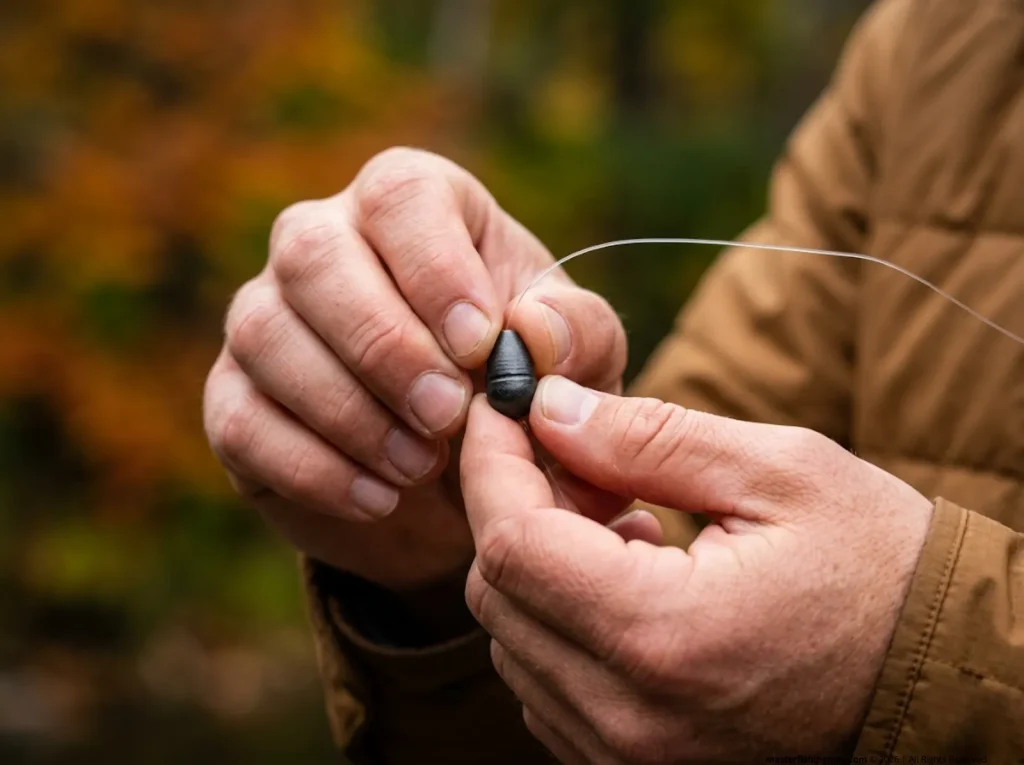 Macro shot of an angler attaching a lead-free tungsten fishing weight to a fluorocarbon line.