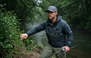 Find Bank Fishing Spots Boats Never Touch Angler using a Shimano BFS setup bushwhacking to a hidden bank fishing spot.