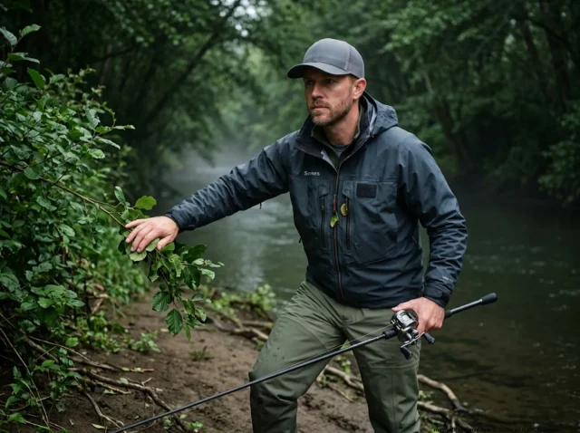 bank-fishing-limited-access-spot Angler using a Shimano BFS setup bushwhacking to a hidden bank fishing spot.