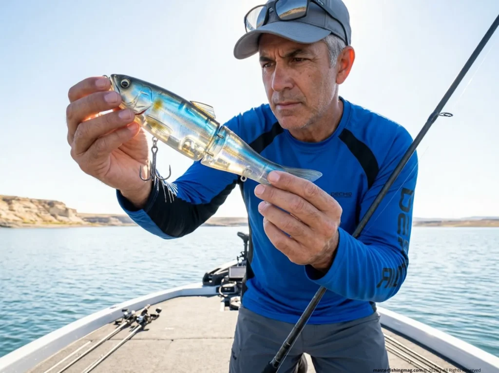 Angler inspecting glide bait color transparency in sunlight for bass visual mechanics