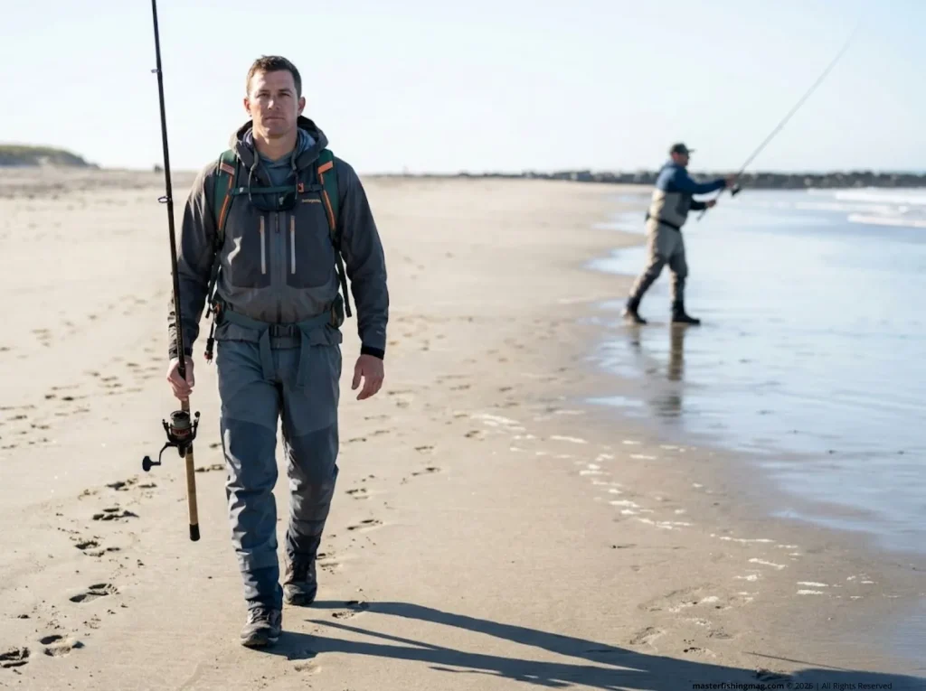 Angler walking down the beach giving proper distance to another surf caster 