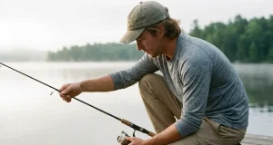 What Fishing Line for Beginners? Mono, Hands Down Beginner spooling monofilament fishing line onto a spinning reel at a quiet lake dock at dawn