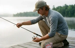 What Fishing Line for Beginners? Mono, Hands Down Beginner spooling monofilament fishing line onto a spinning reel at a quiet lake dock at dawn