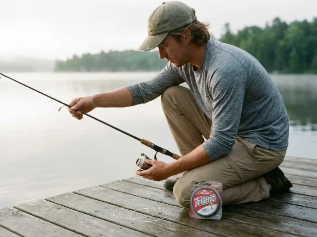 beginner-fishing-line-monofilament-spinning-reel Beginner spooling monofilament fishing line onto a spinning reel at a quiet lake dock at dawn