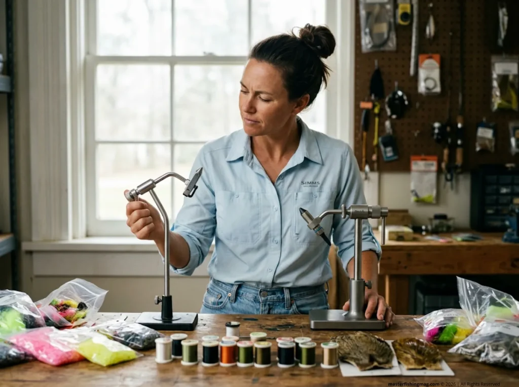 A woman comparing a low-quality beginner fly tying kit to a premium solid steel rotary vise on a workshop table.