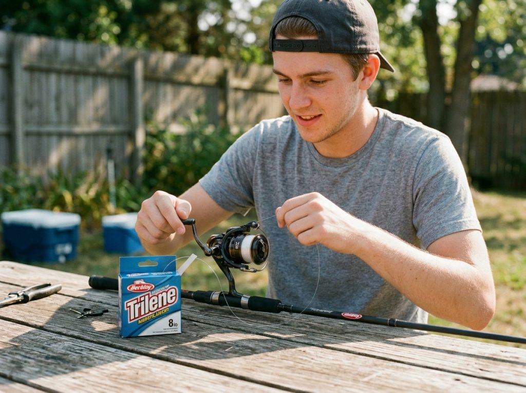 Beginner spooling fresh 10 lb monofilament onto a spinning reel