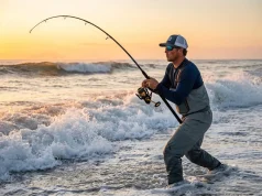 Surf Fishing for Beginners — Field-Tested Gear and Tactics Angler casting a surf rod into breaking ocean waves at dawn