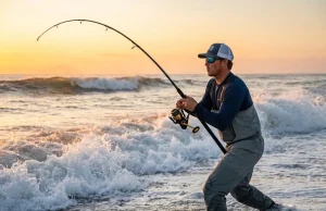 Surf Fishing for Beginners — Field-Tested Gear and Tactics Angler casting a surf rod into breaking ocean waves at dawn